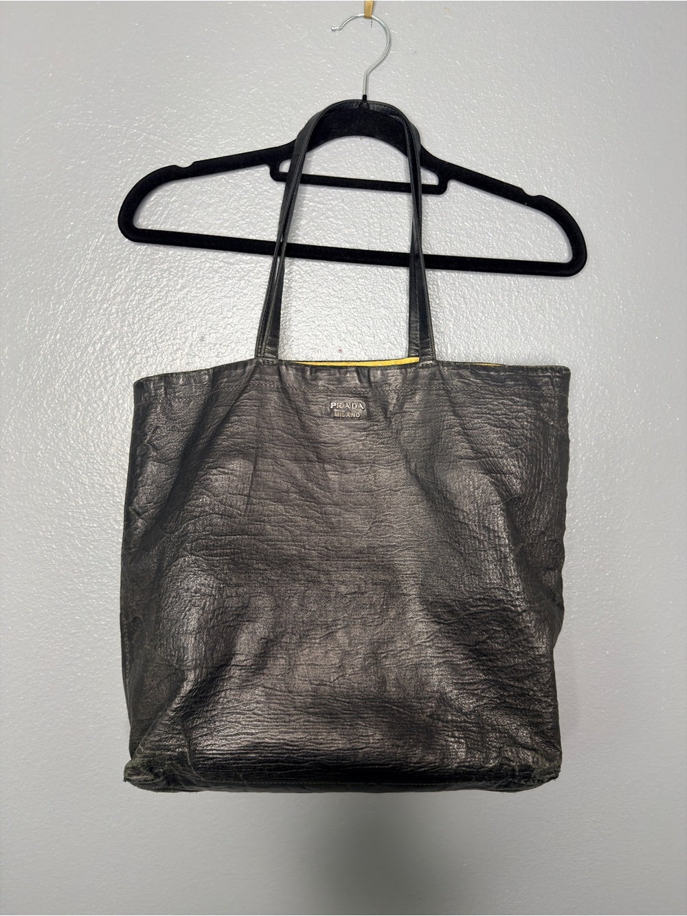 Prada Napa Black Leather Shopper Tote with Yellow inside - FLAWED!